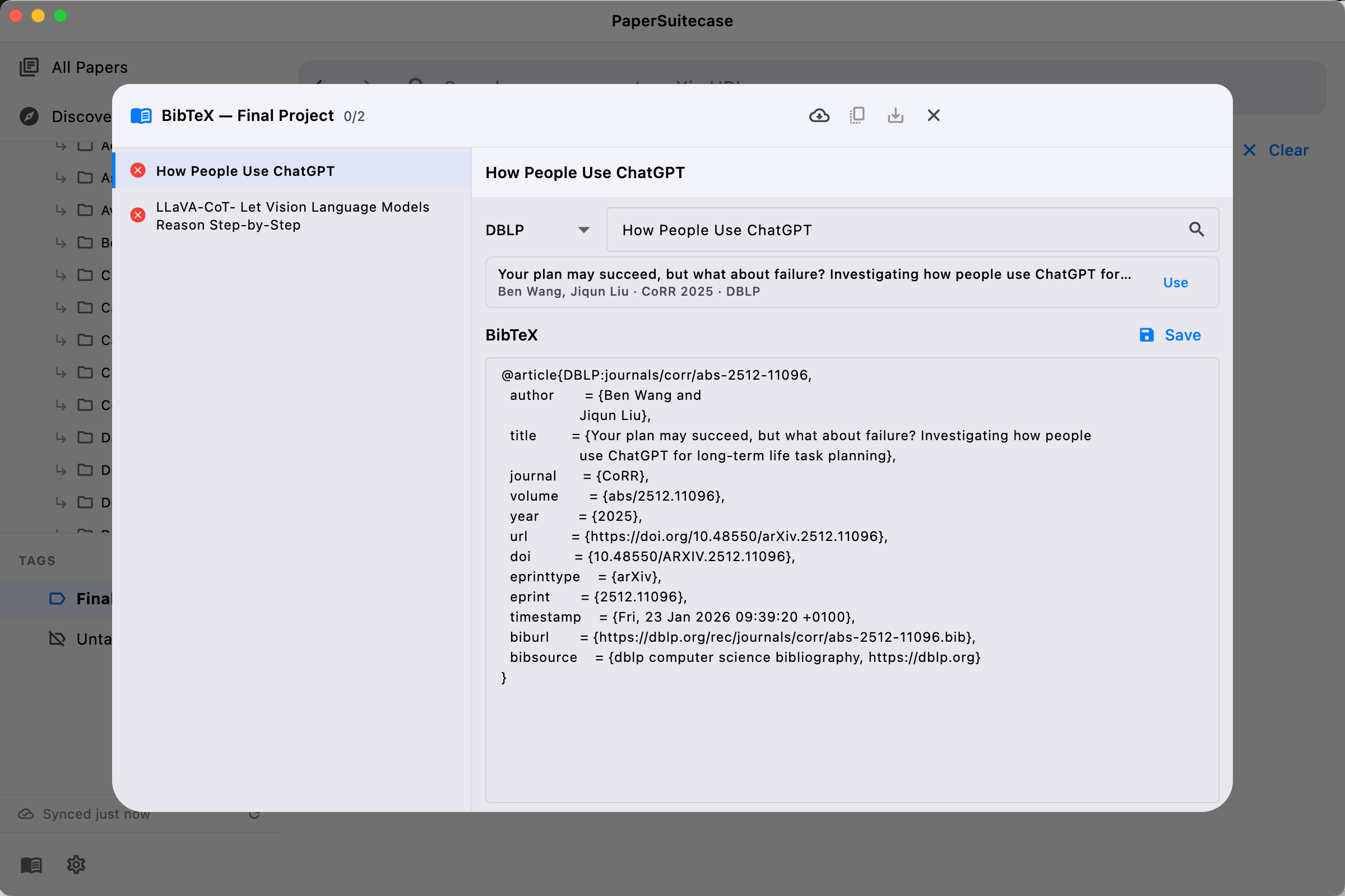 BibTeX manager showing DBLP lookup and citation export