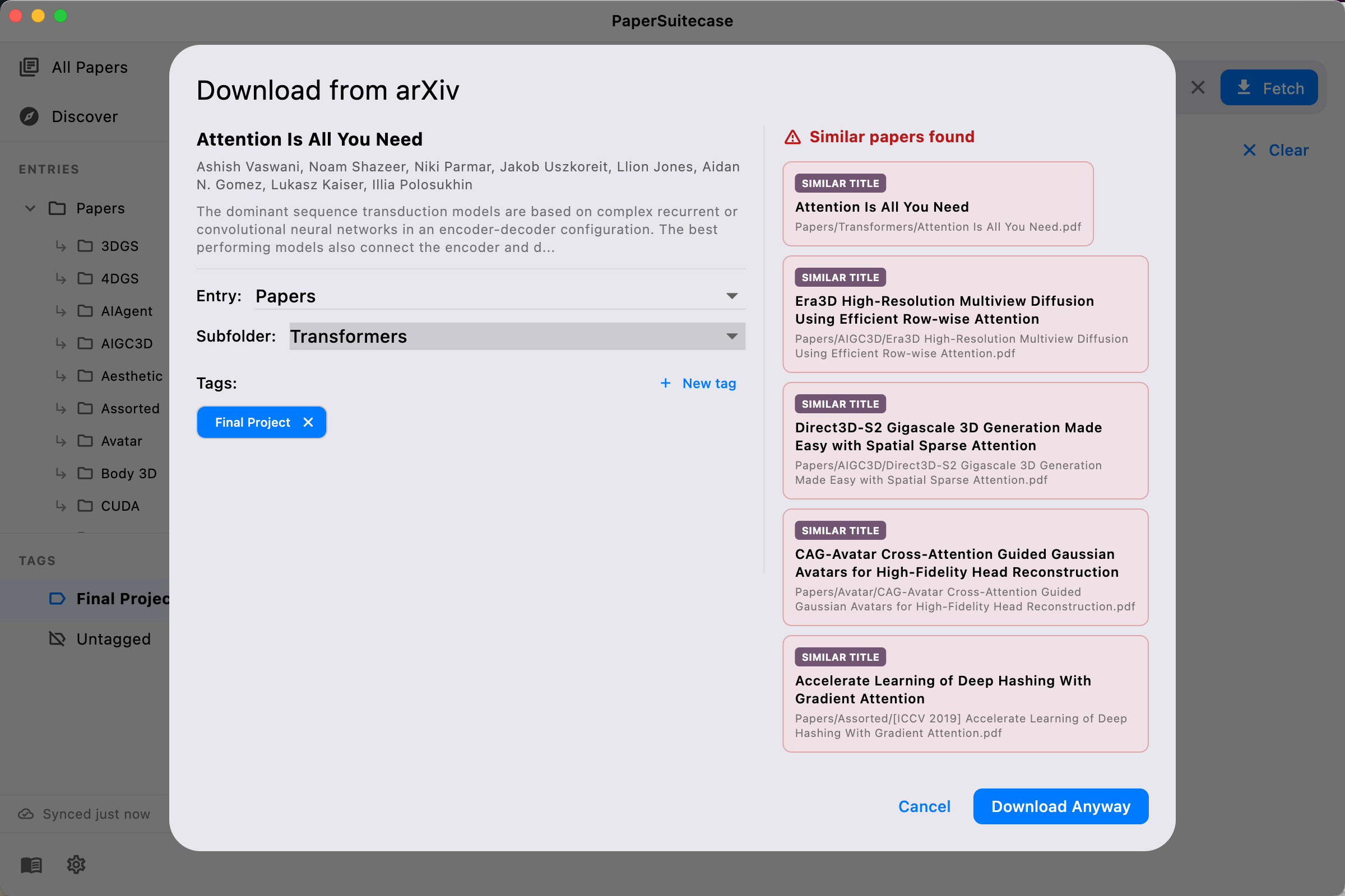 arXiv download dialog showing metadata extraction and duplicate detection
