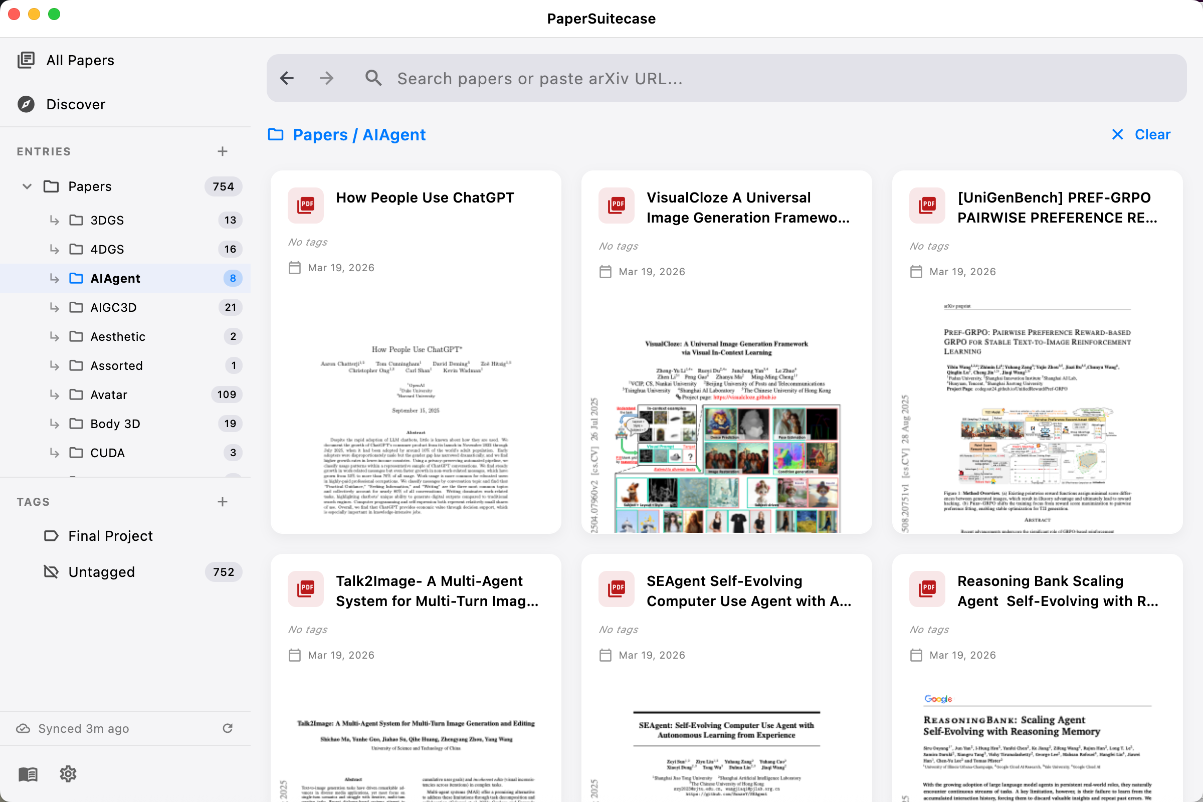Paper Suitcase main interface showing paper grid with thumbnails, entries sidebar, and tag organization